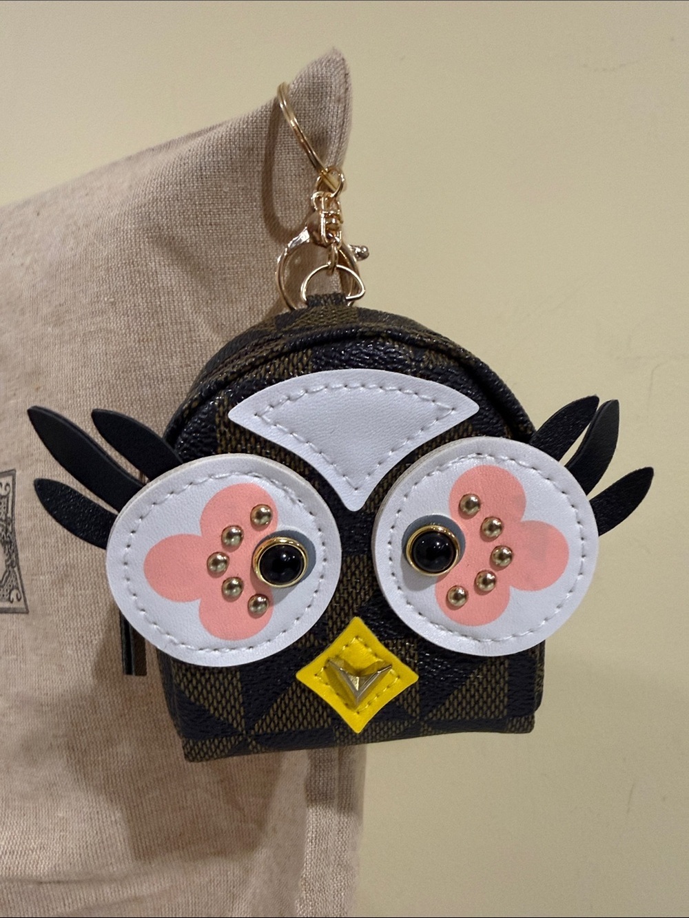 Kids Owl Keychain Coin Pouch - Black with Pink and Yellow Accents